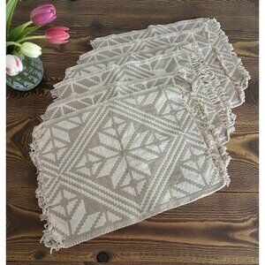 Vintage Placemats Set 6 Country White Tab Beige Tassels Table Decor Stars Woven